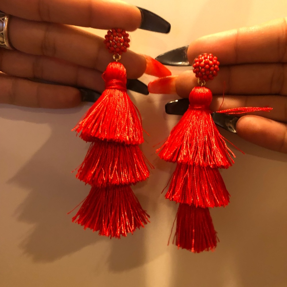 Red Rhinestone Tassel Drop Earrings